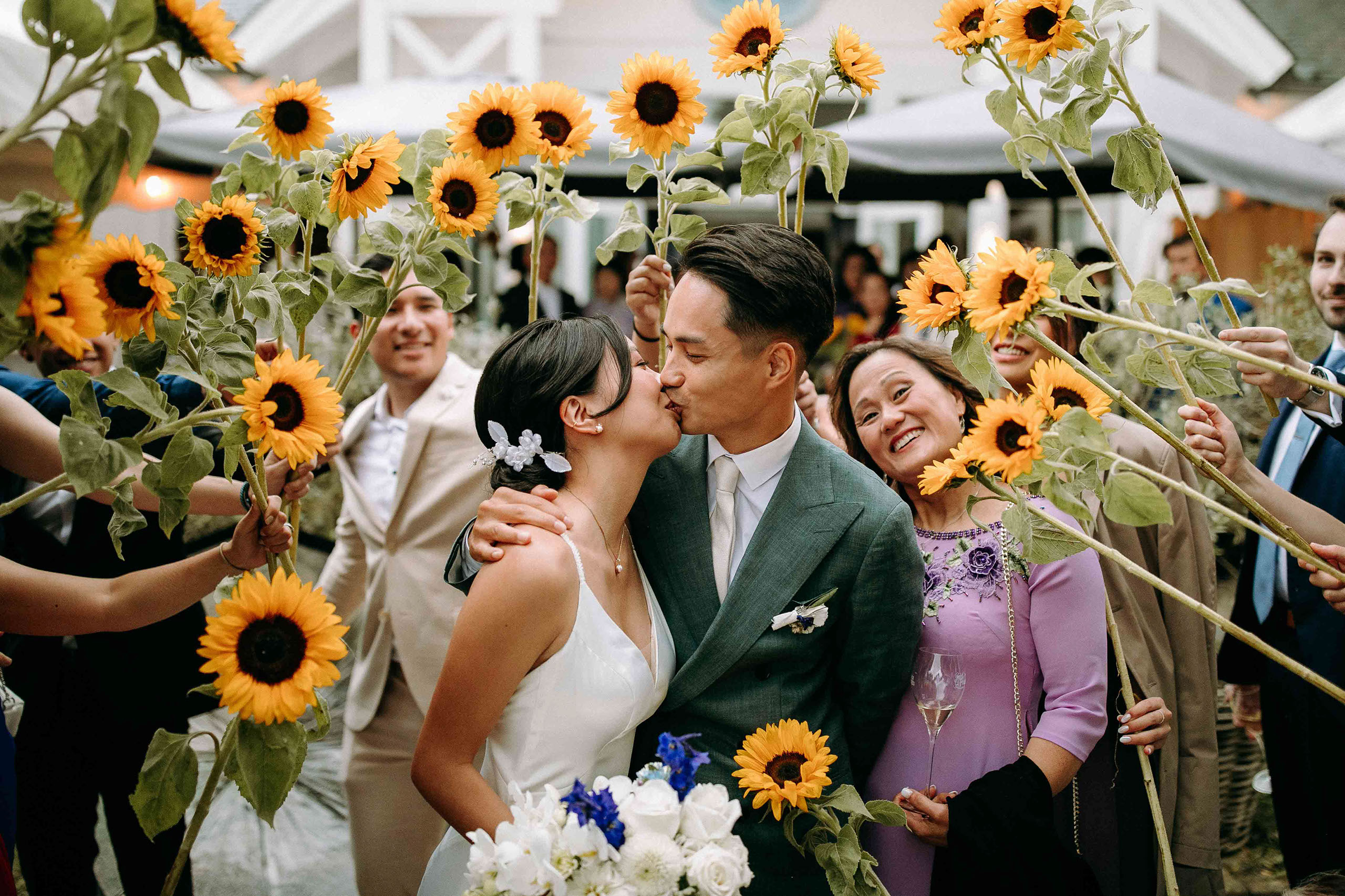 Brautpaar küsst sich umgeben von Sonnenblumen beim Empfang im Golfhaus Bad Homburg