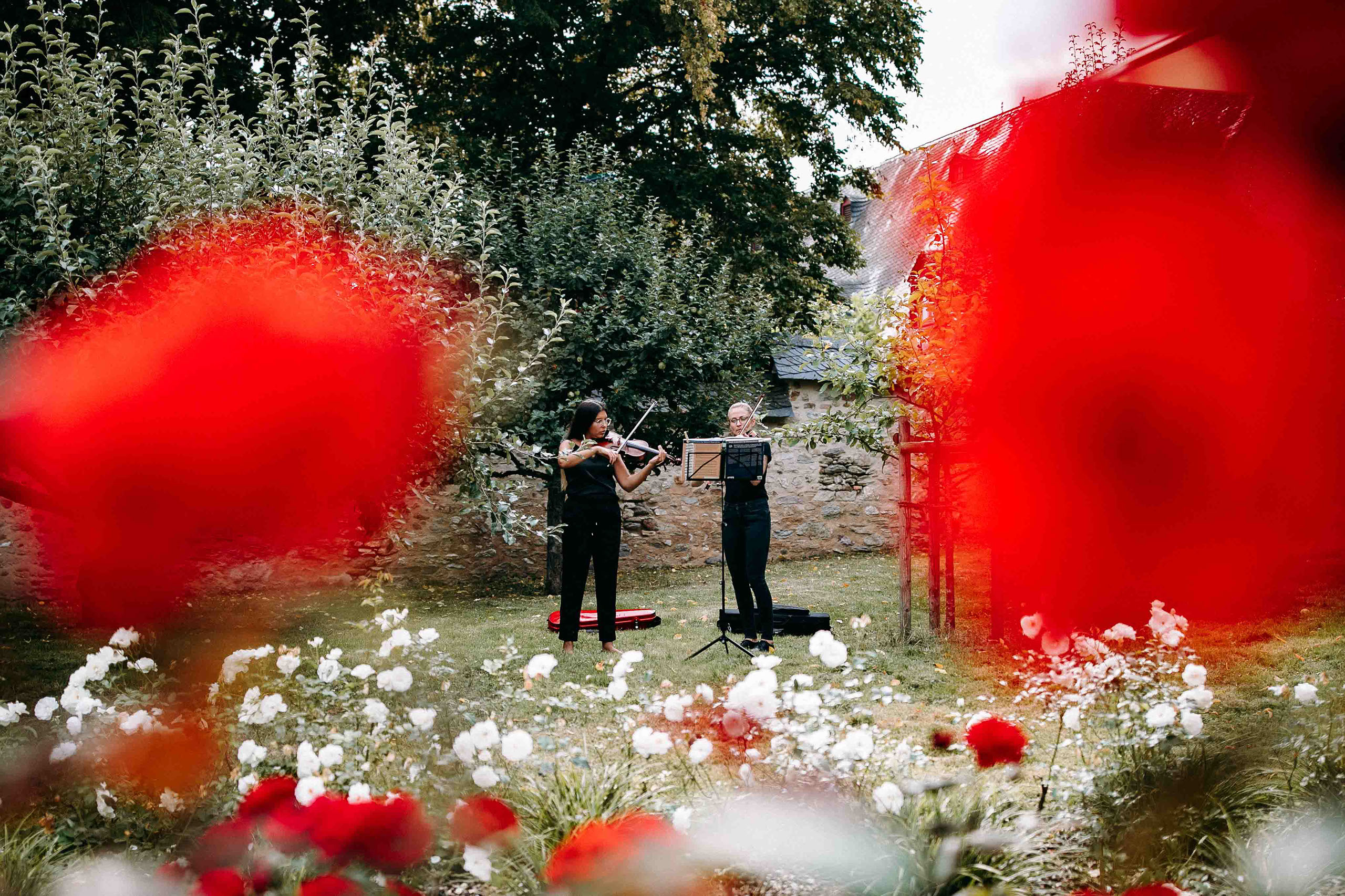 Geigerinnen begleiten Hochzeit im Garten von Kloster Eberbach – Hochzeitsfotograf Rheingau